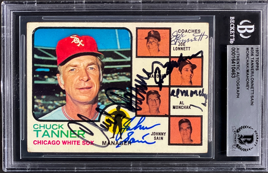 1973 Topps #356 "White Sox Field Leaders" Signed Card - Chuck Tanner, Joe Lonnett, JIm Mahoney, Alex Monchak and Johnny Sain (Encapsulated by Beckett)