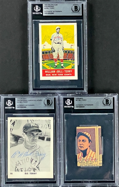 Bill Terry Signed 1933 Delong #4, 1928 W513 #67 and 1974 BRAMAC Cards (3) (Beckett)