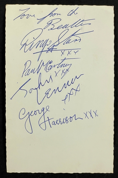 1963 Beatles Postcard Signed by Paul McCartney, John Lennon, George Harrison and Ringo Starr on Set of <em>Thank Your Lucky Stars</em> (Beckett) "Love from the Beatles"