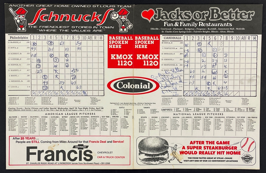 1978 Bob Forsch Signed No-Hitter St. Louis Cardinals Scorecard - Singed the Day of His No-No April 16, 1978 (Beckett)