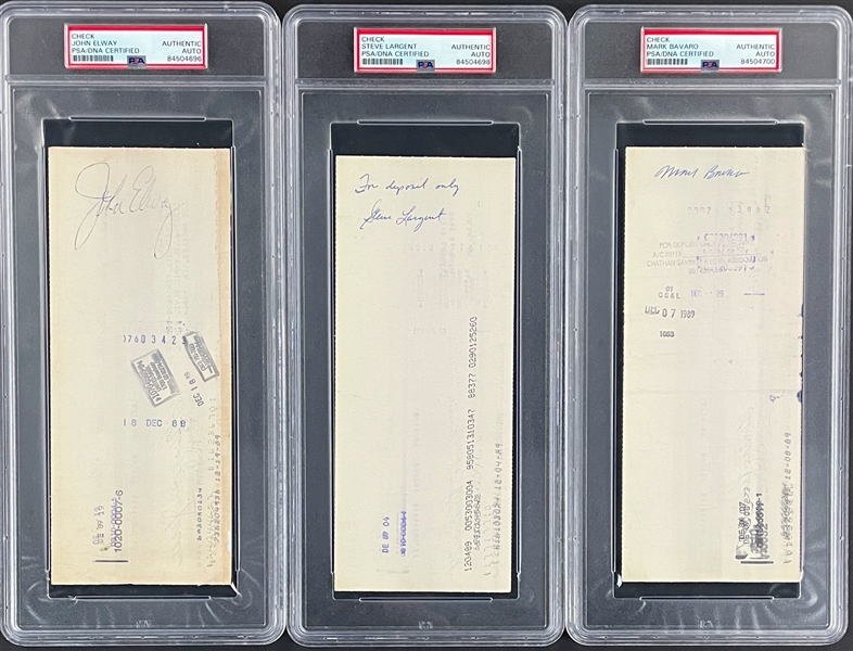 NFL Hall of Famers and Superstars Signed Checks (3) (All PSA/DNA Encapsulated) Incl. John Elway, Steve Largent and Mark Bavaro