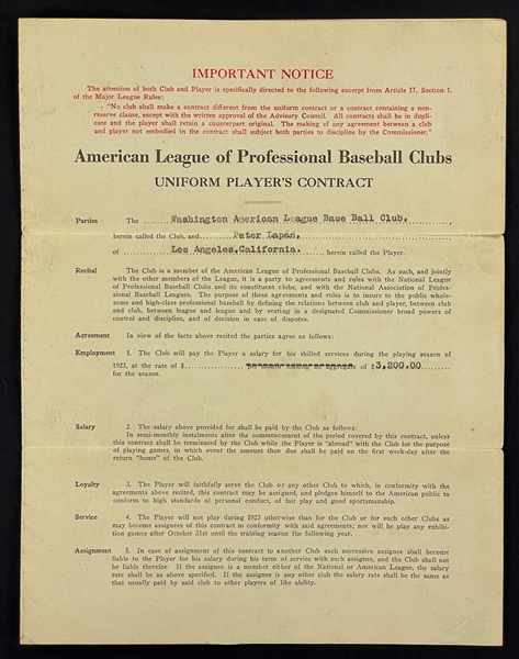 1923 Clark Griffith Signed Washington Nationals "Uniform Players Contract" (Beckett)