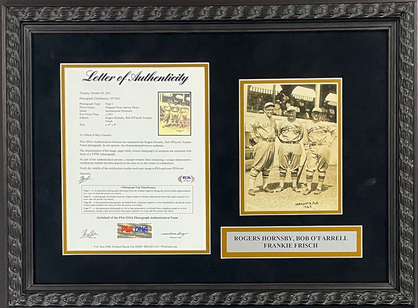 1927 Rogers Hornsby, Bob OFarrell and Frankie Frisch Original News Service Photo (PSA/DNA TYPE I) in Framed Display