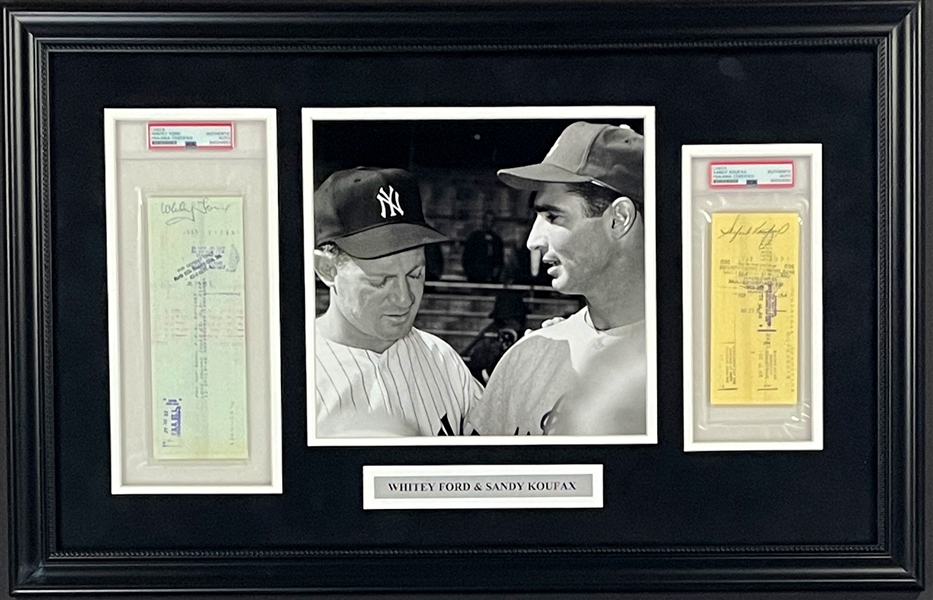 Sandy Koufax and Whitey Ford Signed Checks (PSA/DNA Encapsulated) in Framed Display