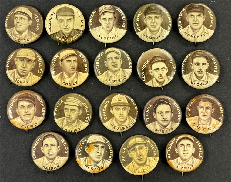 1910-12 P2 Sweet Caporal Pin Collection of 19 Incl. Cicotte, Hoblitzell and Others