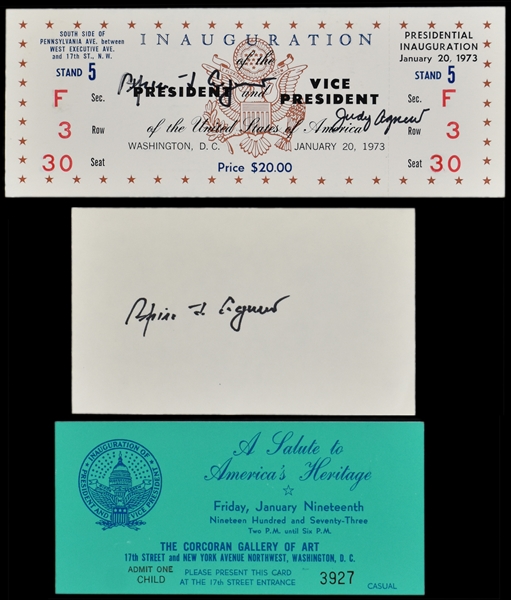 Vice President Spiro T. Agnew Signed 1973 Presidential Inauguration Ticket Also Signed By His Wife Plus Agnew Signed Index Card (BAS)