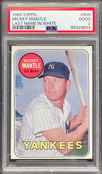 1969 Topps #500 Mickey Mantle Last Name in White - PSA GD 2