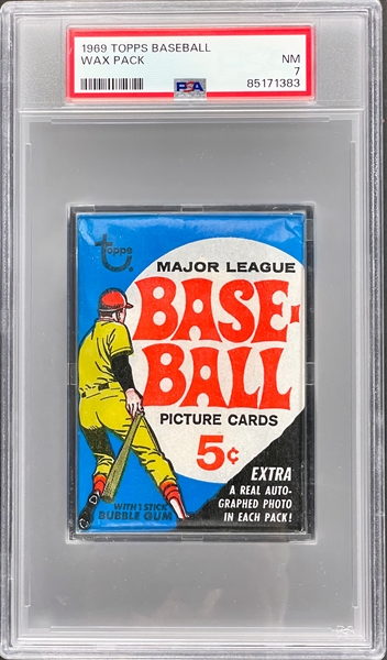 1969 Topps Baseball Unopened 5-Cent Pack - Real Autographed Photo Variation - PSA NM 7