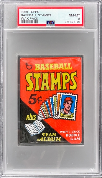 1969 Topps Baseball Stamps Unopened 5-Cent Pack - PSA NM-MT 8
