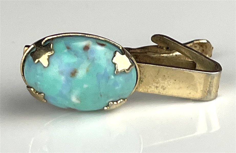 1950s Elvis Presley Owned Gold Colored Tie Clip with Large Light Blue Stone