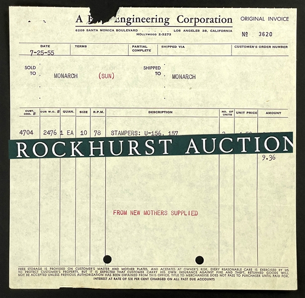 1955 Sun Records Invoice for the Original Elvis Presley Sun 223 "Mystery Train" 78 RPM Record Stampers