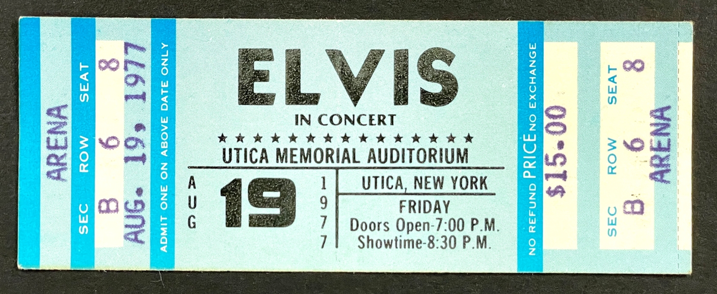 1977 Elvis Presley Concert FULL Ticket (Blue) for August 19, 1977, Utica Memorial Auditorium