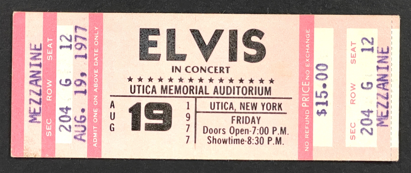 1977 Elvis Presley Concert FULL Ticket (Pink) for August 19, 1977, Utica Memorial Auditorium
