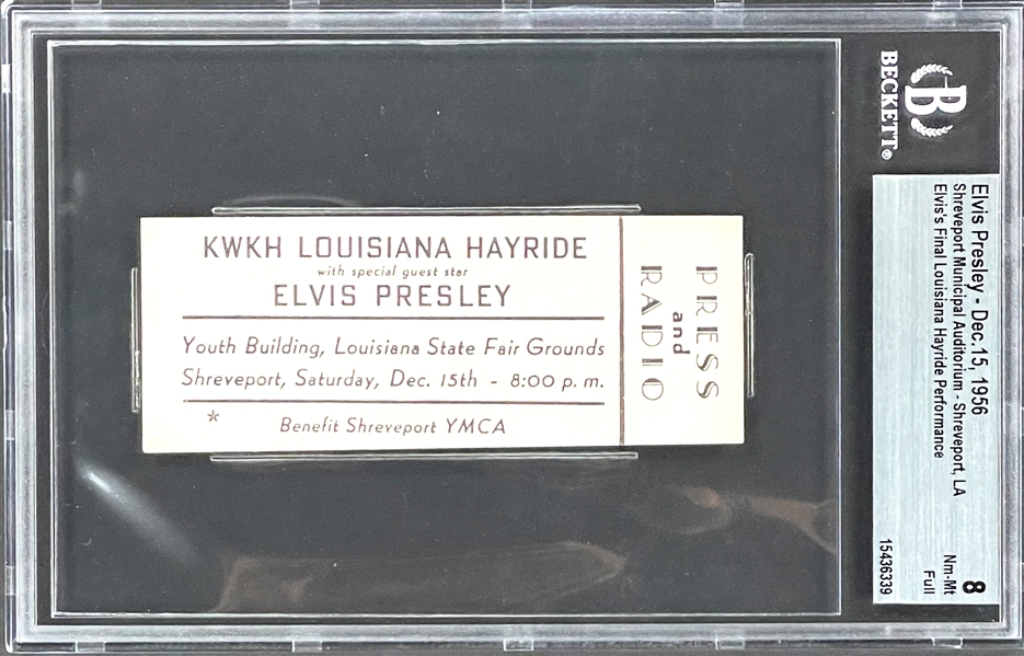 December 15, 1956, Full Press and Radio” Ticket for Elvis Presley at the Louisiana State Fairgrounds in Shreveport - <strong>Beckett NM-MT 8</strong>