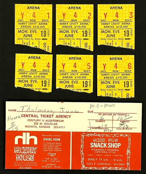 1972 Wichita Elvis Presley Group of Six Consecutive Concert Ticket Stubs with Ticket Broker Envelope