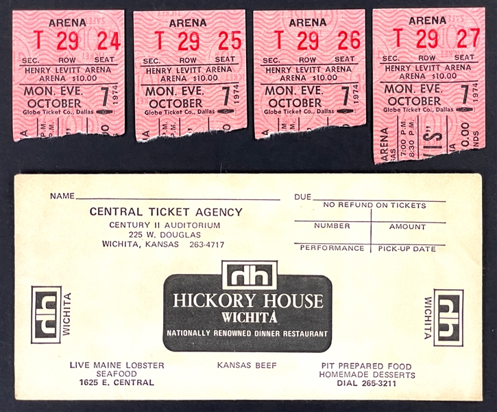1974 Wichita Elvis Presley Group of Four Consecutive Concert Ticket Stubs with Ticket Broker Envelope