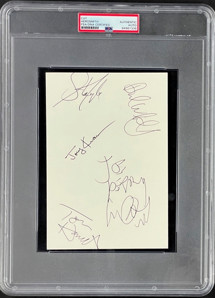 Aerosmith Band-Signed Sheet Encapsulated by PSA/DNA - Steven Tyler, Joe Perry, Tom Hamilton, Joey Kramer and Brad Whitford