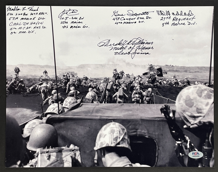 Iwo Jima Veterans Signed 11x14 Photo Incl. Hershel W. Williams, Carl DeHaven, Leo Ehli, Gene Ianconetti, Mahlon FInk and Ayoub Haddad (PSA/DNA)