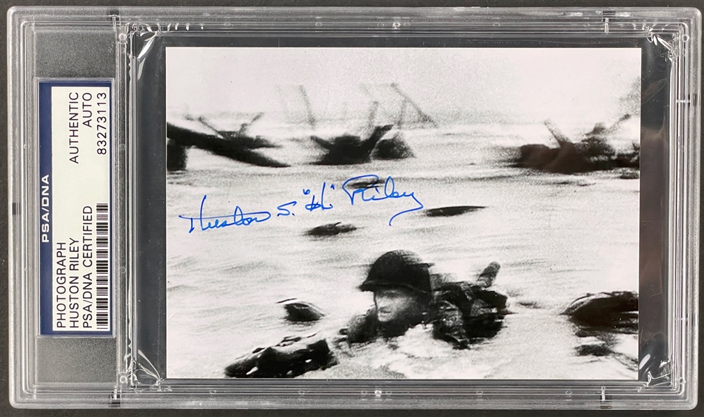 D-Day Soldier Huston "Hu" Riley Signed Famous Robert Capa Photo of Him on Omaha Beach Encapsulated by PSA/DNA