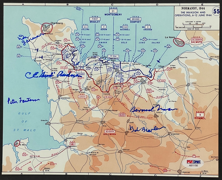 1944 Normandy Invasion Map Signed by Five D-Day Veterans Incl. WWII Ace Fighter Pilot Bud Anderson (PSA/DNA)