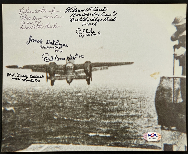 1942 Doolittles Raiders Signed (6 Signatures) 8x10 Photo of Bomber Taking off During Mission (PSA/DNA)
