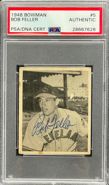 1948 Bowman #5 Bob Feller Signed Card - Encapsulated PSA/DNA