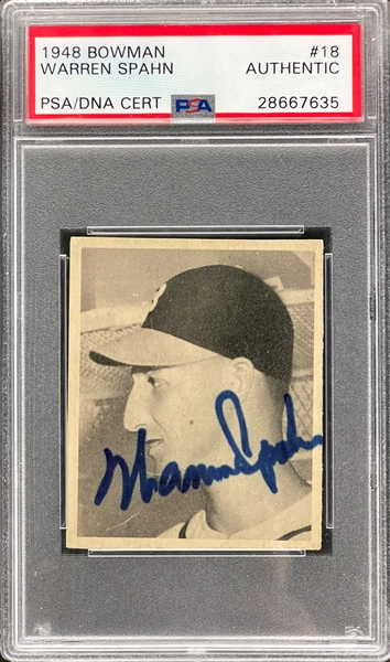 1949 Bowman #18 Warren Spahn Signed Card - Encapsulated PSA/DNA
