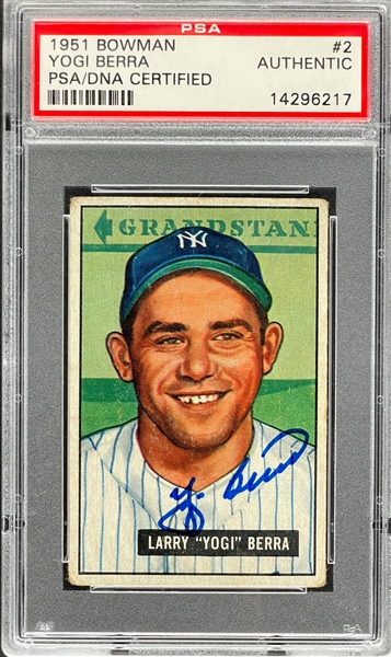 1951 Bowman #2 Yogi Berra Signed Card - Encapsulated PSA/DNA