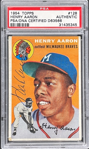 1954 Topps #128 Hank Aaron Signed Rookie Card - Encapsulated PSA/DNA