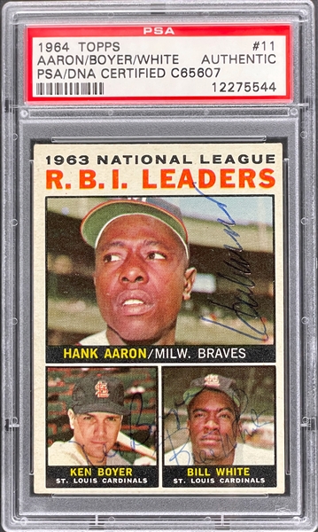 1964 Topps #11 Hank Aaron, Ken Boyer & Bill White Signed Card - Encapsulated PSA/DNA