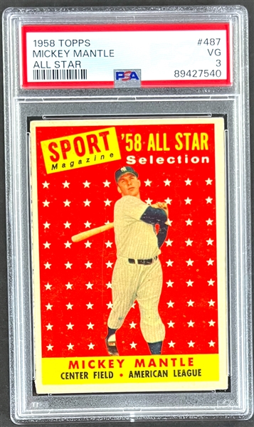 1958 Topps #487 Mickey Mantle All Star - PSA VG 3