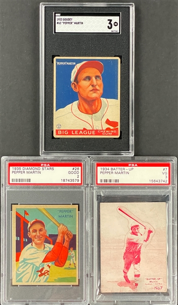 1930s Pepper Martin Graded Trio - 1933 Goudey, 1934 Batter-Up and 1935 Diamond Stars