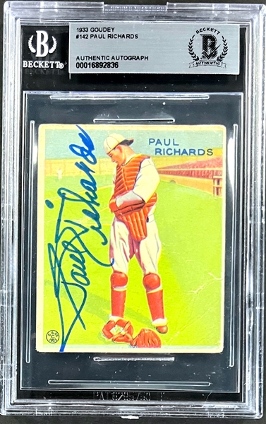 1933 Goudey #142 Paul Richards Signed Card (Encapsulated Beckett Authentic)