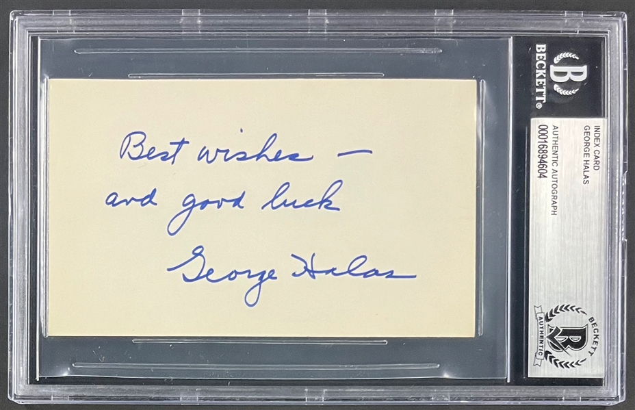 George Halas Signed Index Card  (Encapsulated Beckett Authentic)