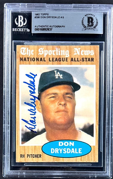 1962 Topps #398 Don Drysdale Signed  Card  (Encapsulated Beckett Authentic)