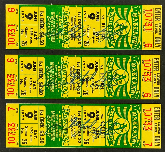 Three 1973 Oakland As Full Tickets Signed by Catfish Hunter (Beckett Authentic)