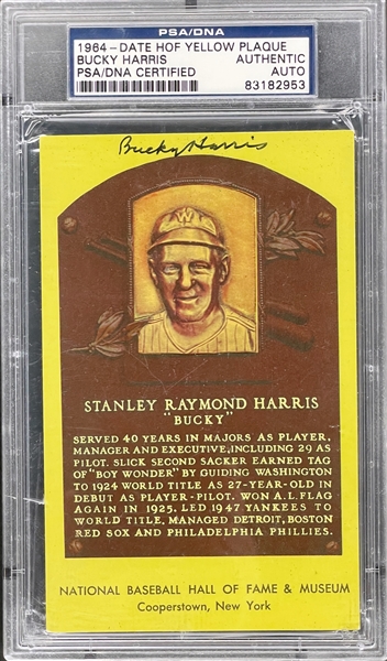 Bucky Harris Signed Yellow Hall of Fame Plaque Encapsulated PSA/DNA