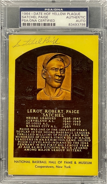 Satchel Paige Signed Yellow Hall of Fame Plaque Encapsulated PSA/DNA
