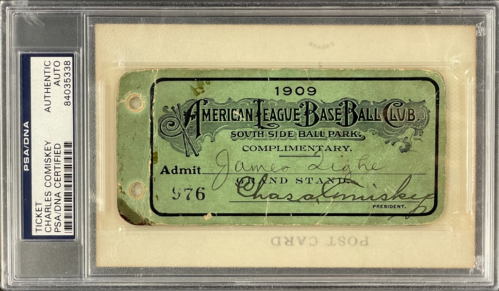 Charles Comiskey Signed 1909 Ticket with Black and White Hall of Fame Plaque Encapsulated PSA/DNA