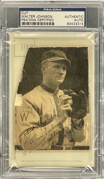 Walter Johnson Signed Magazine Photo with Yellow Hall of Fame Plaque Encapsulated PSA/DNA