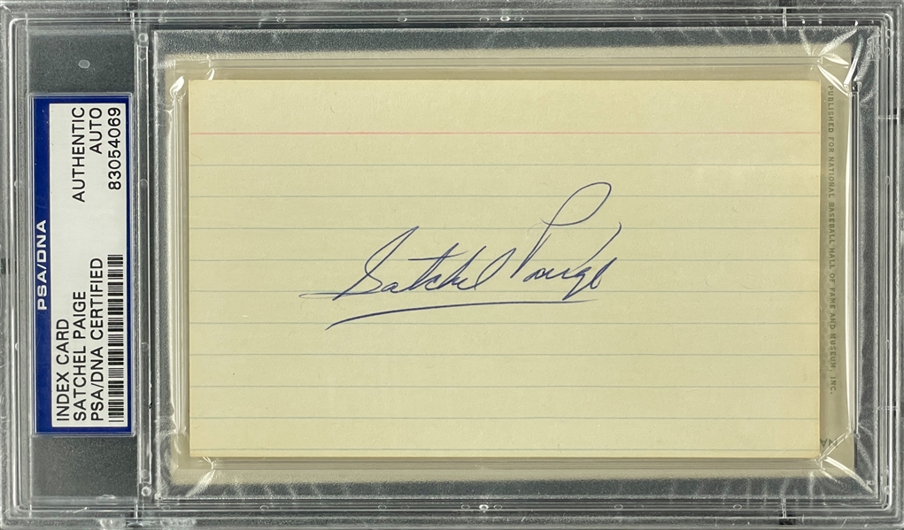 Satchel Paige Signed Index Card with Yellow Hall of Fame Plaque Encapsulated PSA/DNA