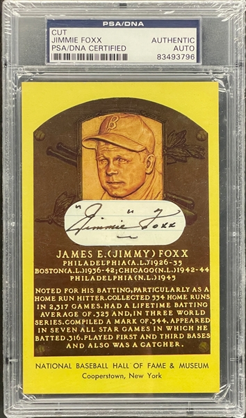 Jimmie Foxx Cut Signature on Yellow Hall of Fame Plaque Encapsulated PSA/DNA