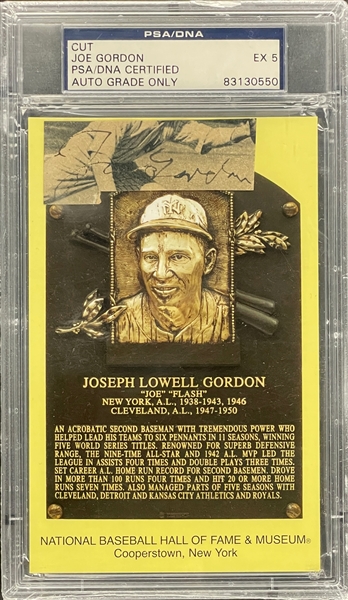Joe Gordon Cut Signature on Yellow Hall of Fame Plaque Encapsulated PSA/DNA