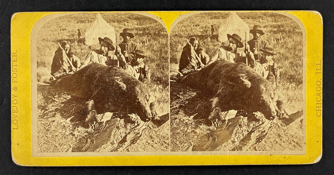 1874 General George Armstrong Custer Stereoview Card - "Our First Grizzly-Killed by General Custer"
