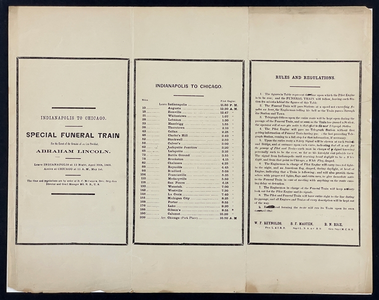 1865 Abraham Lincoln "Special Funeral Train" Timetable