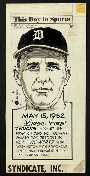 1952 Virgil Trucks “This Day In Sport” Original Artwork by Len Hollreiser