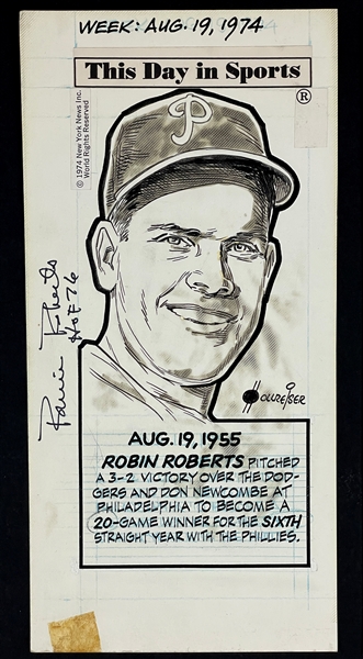 1955 Robin Roberts Signed “This Day In Sport” Original Artwork by Len Hollreiser