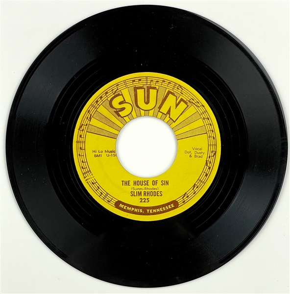 1955 Slim Rhodes SUN 225 45 RPM Single "The House of Sin" - MINT - Marion Keisker (Sun Records) FILE COPY