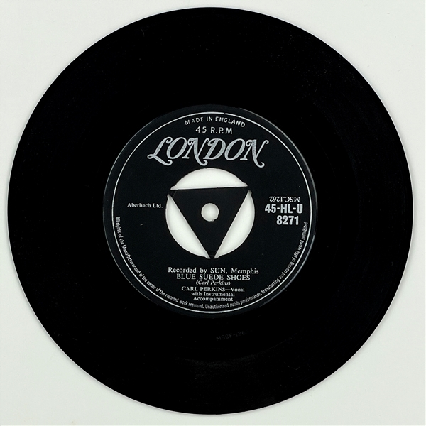 1956 Carl Perkins London 45 RPM Single "Blue Suede Shoes" - MINT - Marion Keisker (Sun Records) FILE COPY
