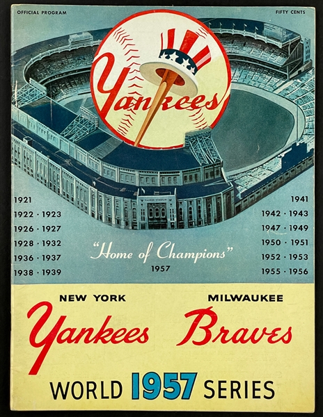1957 World Series Program from Yankee Stadium - New York Yankees vs. Milwaukee Braves - Scored for Game 7 Braves Win!